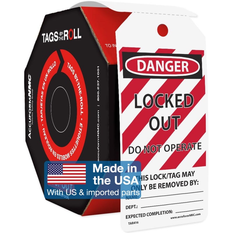 AccuformNMC 250 Lockout Tags by-The-Roll, Danger Locked Out Do Not Operate, US Made OSHA Compliant Tags, Waterproof PF-Cardstock, Resists Tears, 6.25"x3", TAR416 - Image 1